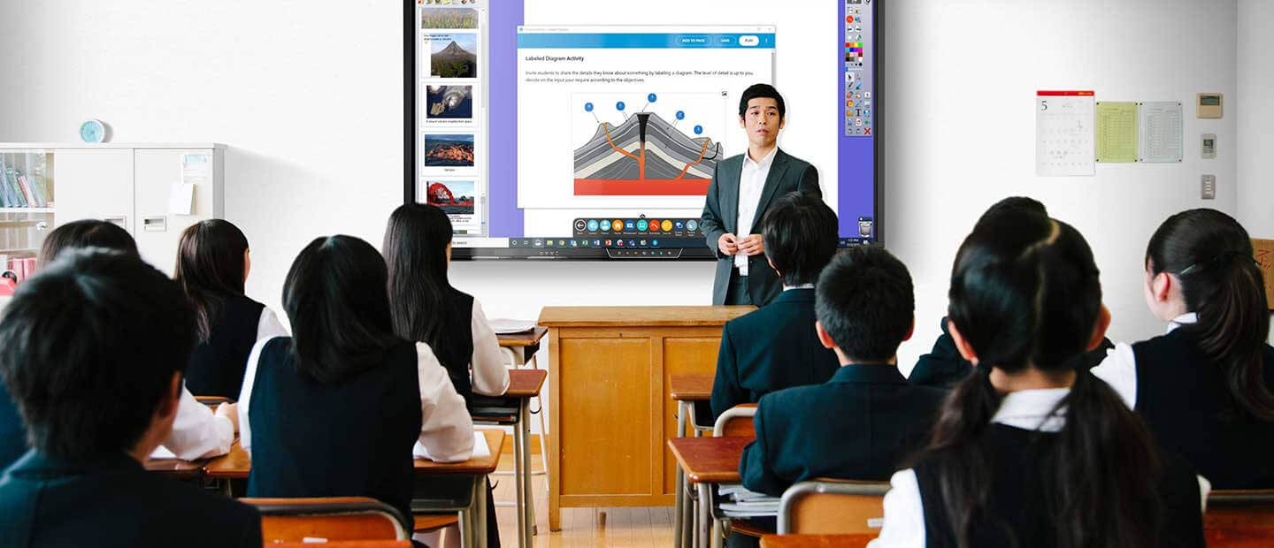 Classroom with an interactive display and teacher teaching from it. 