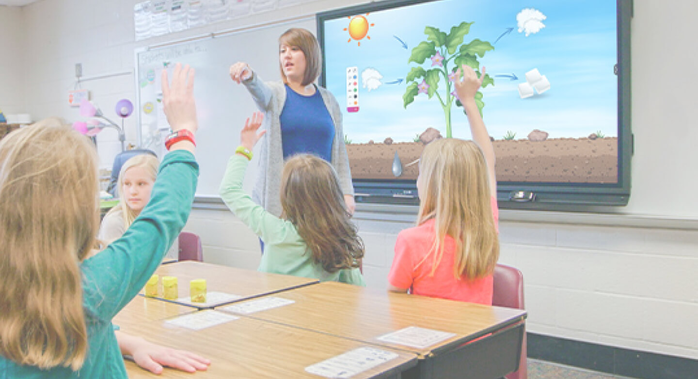 Elementary school teacher using the Promethean ActivPanel interactive display in the classroom.