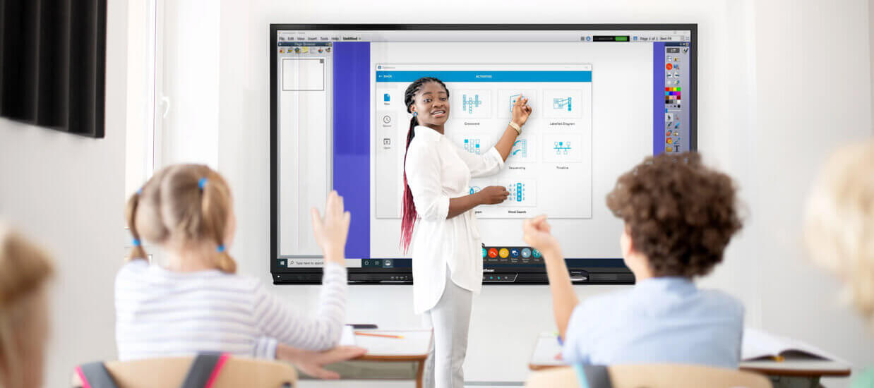 Teacher using an interactive whiteboard with a language app