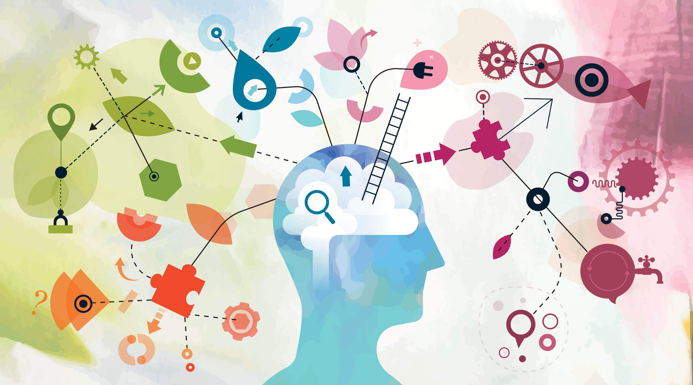An Illustration representing concept mapping. It shows an outline of a person’s head with many different thoughts coming out of it.