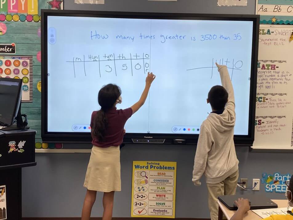 students working on a interactive panel in the classroom
