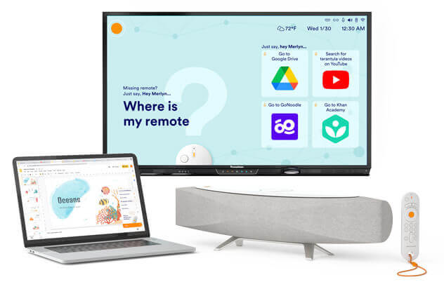 Symphony Classroom suite including the Merlyn digital assistant with remote, laptop and Promethean ActivPanel.