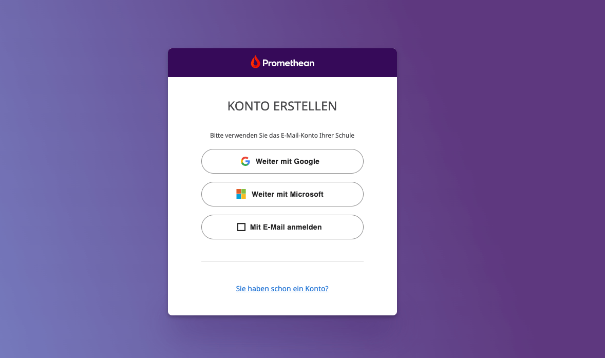 Anmeldungsübersicht Promethean Plattform